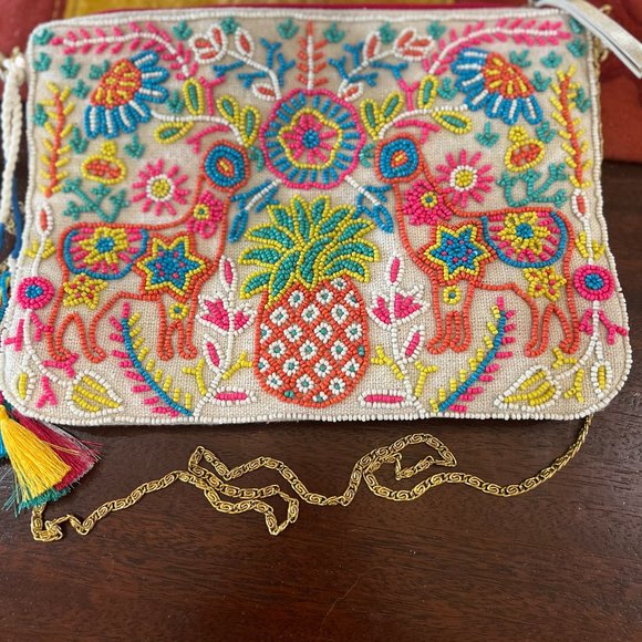 Betsey Johnson VINTAGE beaded clutch crossbody with chain - Pineapple & Deer - Picture 1 of 3
